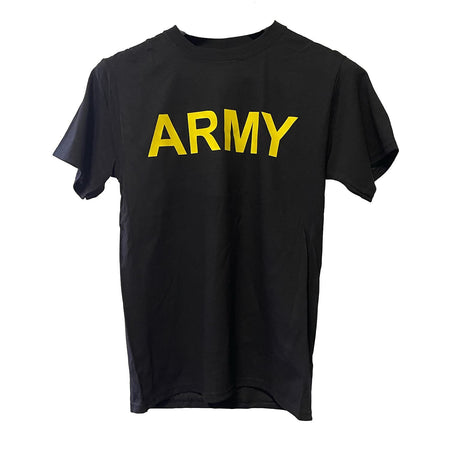 A black short-sleeve t-shirt with the word 'ARMY' printed across the chest in bold yellow capital letters, shown against a plain white background.