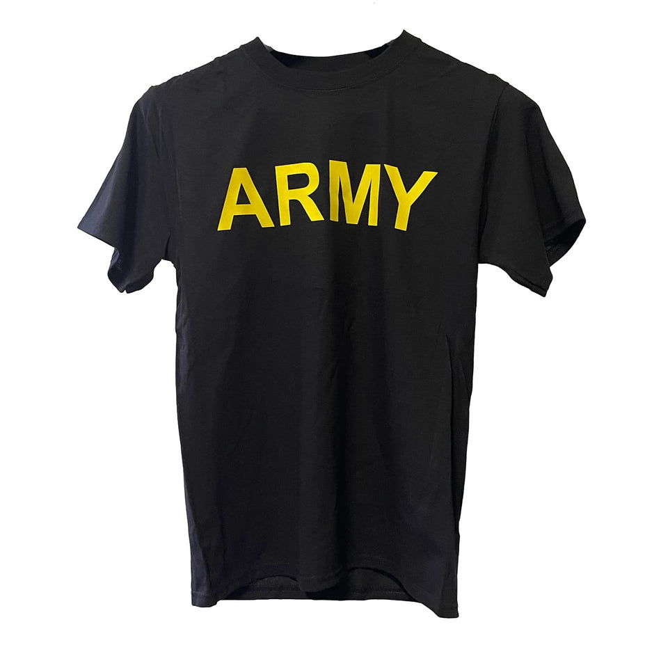 A black short-sleeve t-shirt with the word 'ARMY' printed across the chest in bold yellow capital letters, shown against a plain white background.