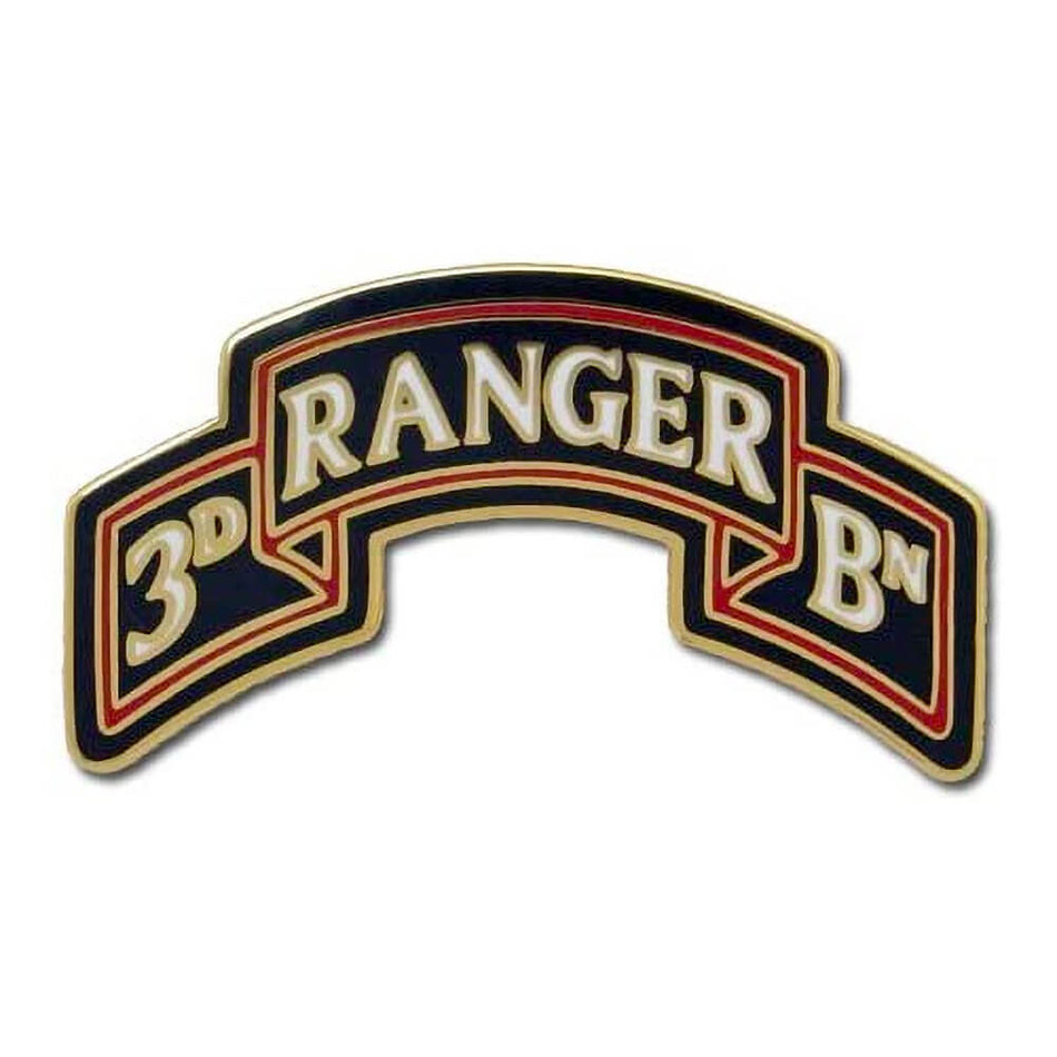 An arch-shaped military insignia patch reading '3D RANGER BN' in gold lettering on a black background with red and gold border lines, shown on a plain white background.