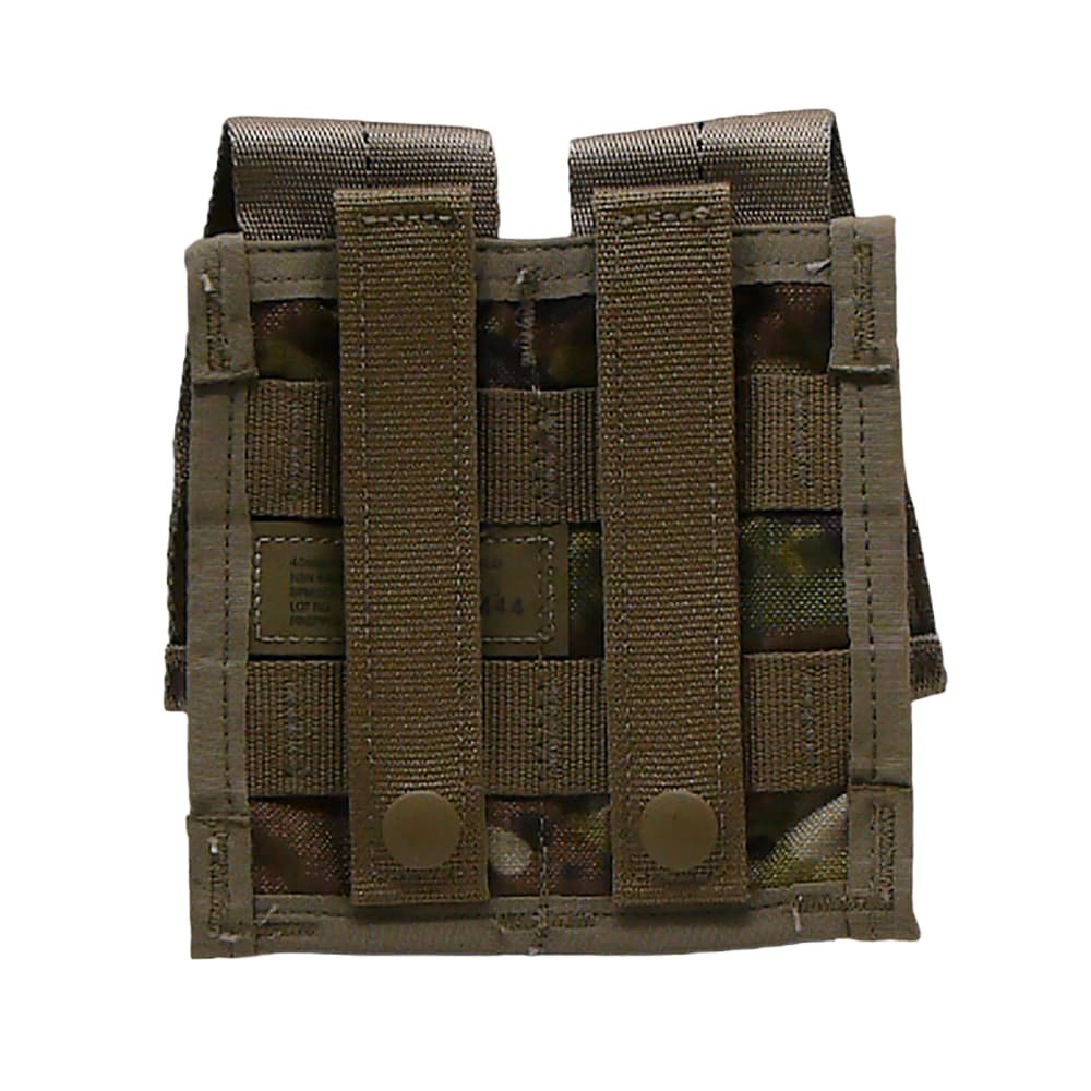 A 40mm Pyrotechnic OCP Double Pouch on white background, featuring two vertical webbing straps with snap closures and a top attachment loop, shown against a plain white background.