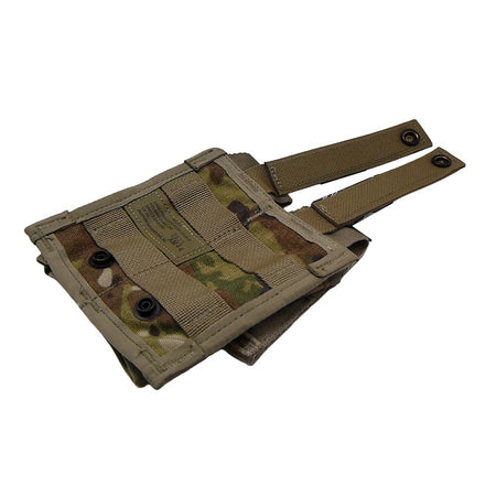 A 40mm Pyrotechnic OCP Double Pouch on white background, featuring MOLLE webbing, a flap with snap buttons, and two attached straps with snap closures, shown on a plain white background.