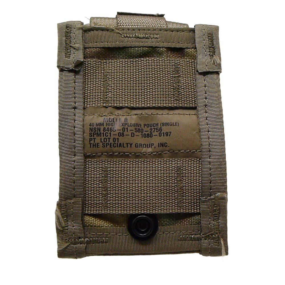 A 40mm HE OCP Single pouch with a black snap button closure and a printed identification label on the front.