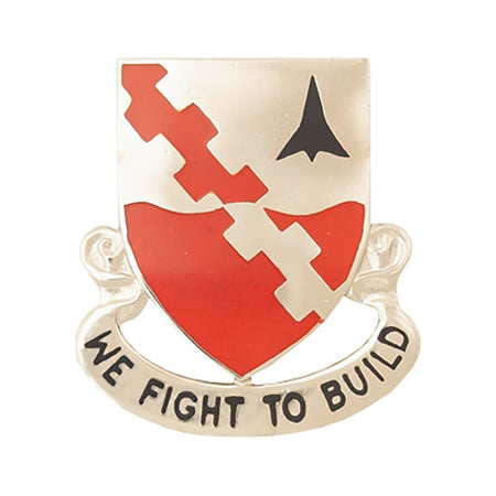 479th Engineer Battalion Distinctive Unit Insignia pin with a shield featuring red and white sections, a black delta symbol, and a silver scroll at the bottom reading 'WE FIGHT TO BUILD'.