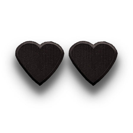 Black heart-shaped earrings on a white background