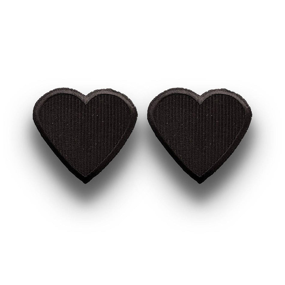Black heart-shaped earrings on a white background