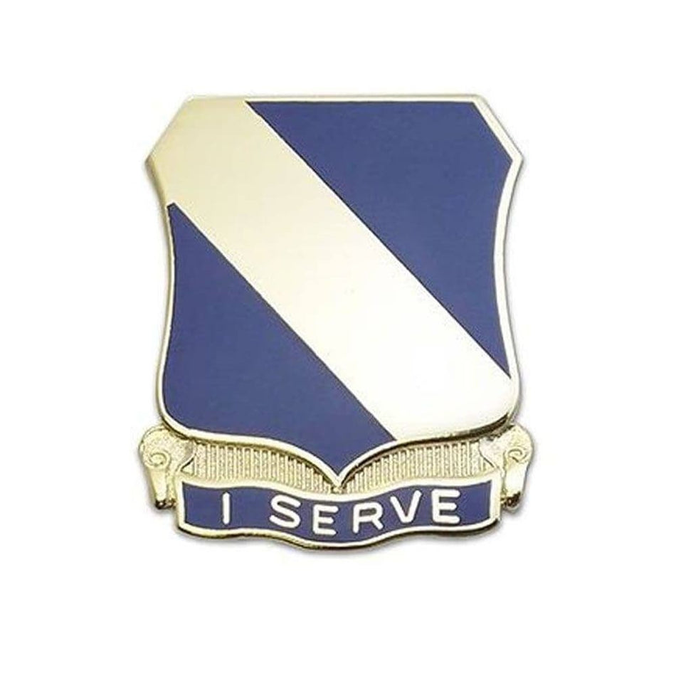 51st Infantry Regiment Unit Crest featuring a shield with a diagonal blue and white stripe and a banner below reading 'I SERVE' in white lettering on a blue background, outlined in gold-tone metal.