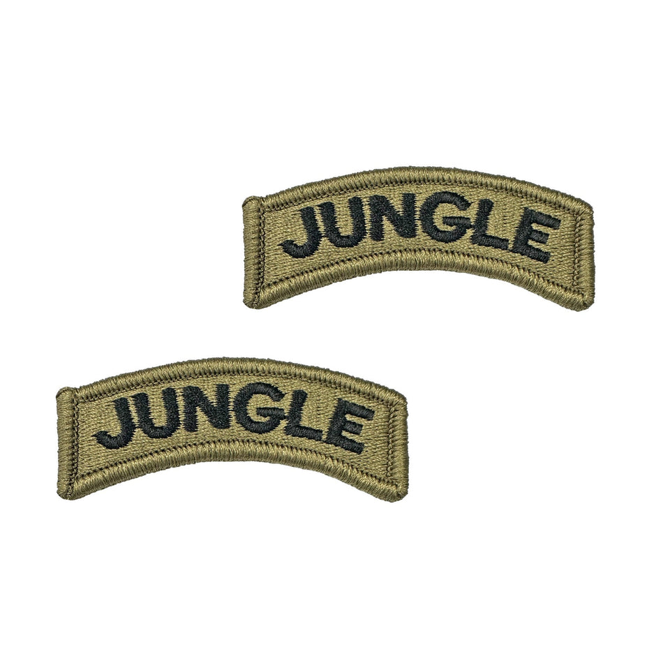 Two military jungle patches on a white background