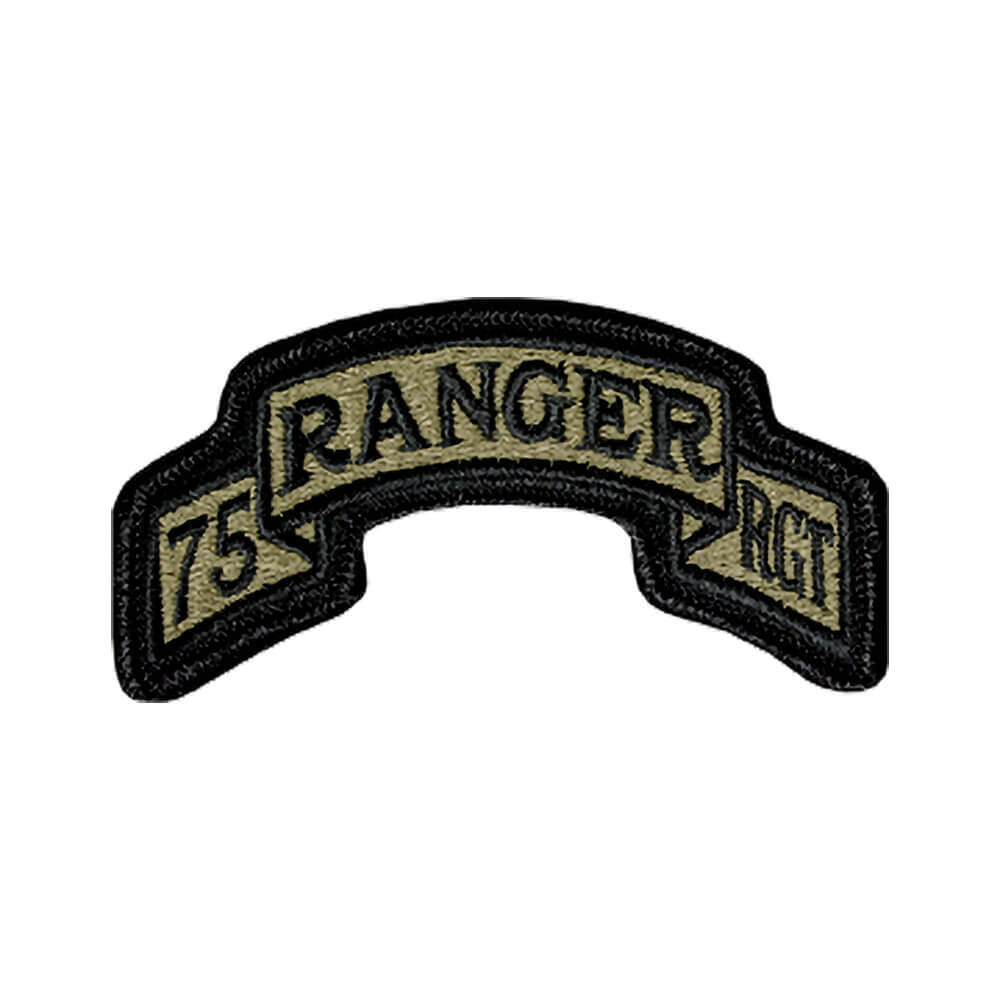 An embroidered military patch shaped like an arch, featuring the text 'RANGER' across the top and '75 RCT' on the sides. The patch has a black embroidered border and lettering over a tan background, shown on a plain white background.