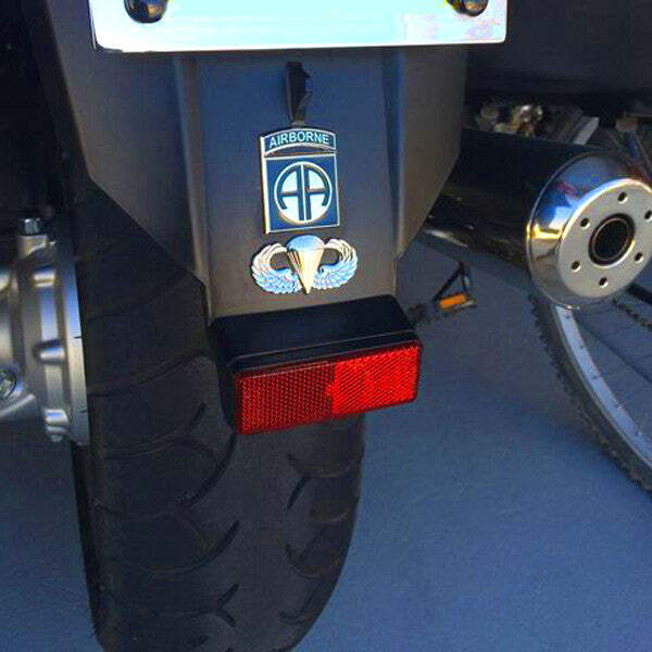 Black Chrome 82nd Airborne Division Metal Decal on a motorcycle rear fender