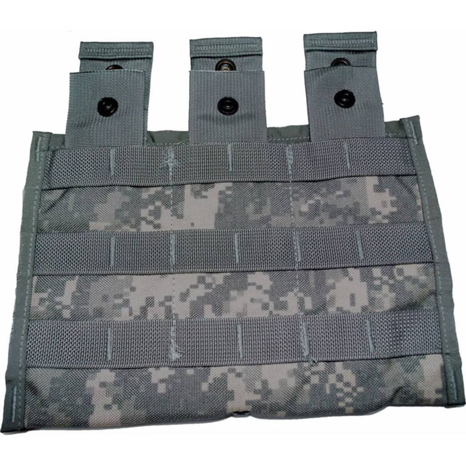 A gray digital camouflage tactical pouch with three vertical loops at the top, each featuring a black snap button, and four horizontal webbing straps across the front.