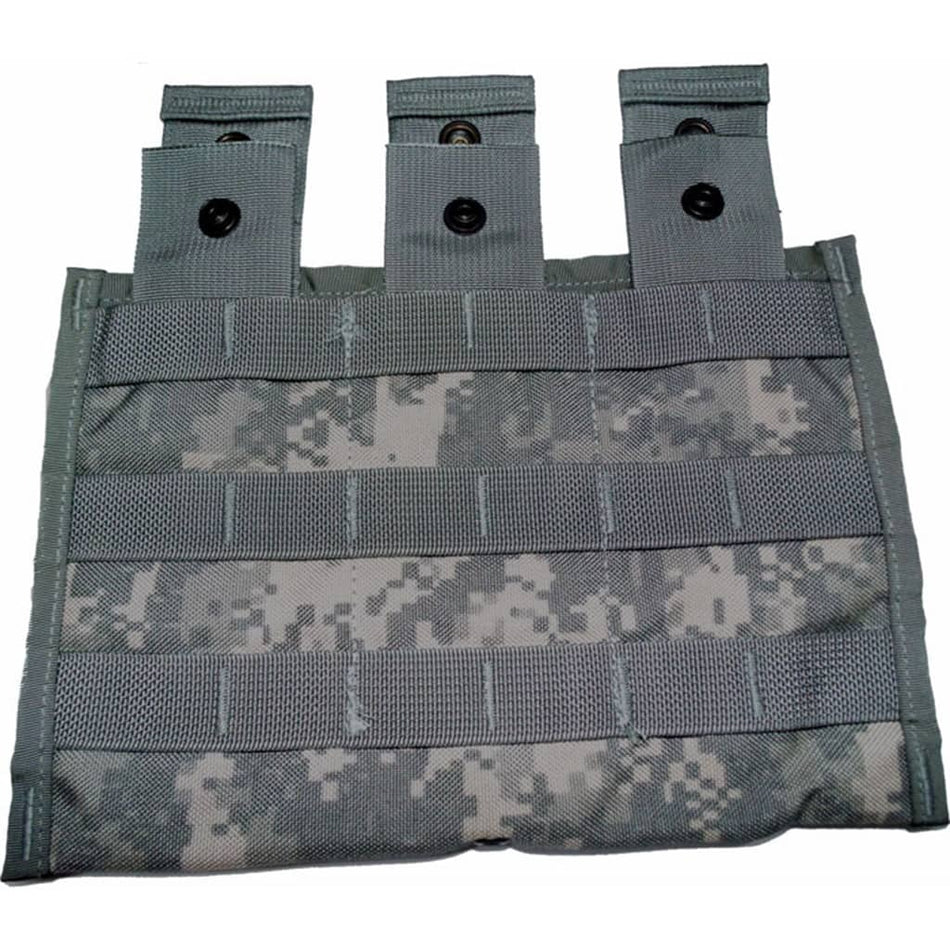 A gray digital camouflage tactical pouch with three vertical loops at the top, each featuring a black snap button, and four horizontal webbing straps across the front.