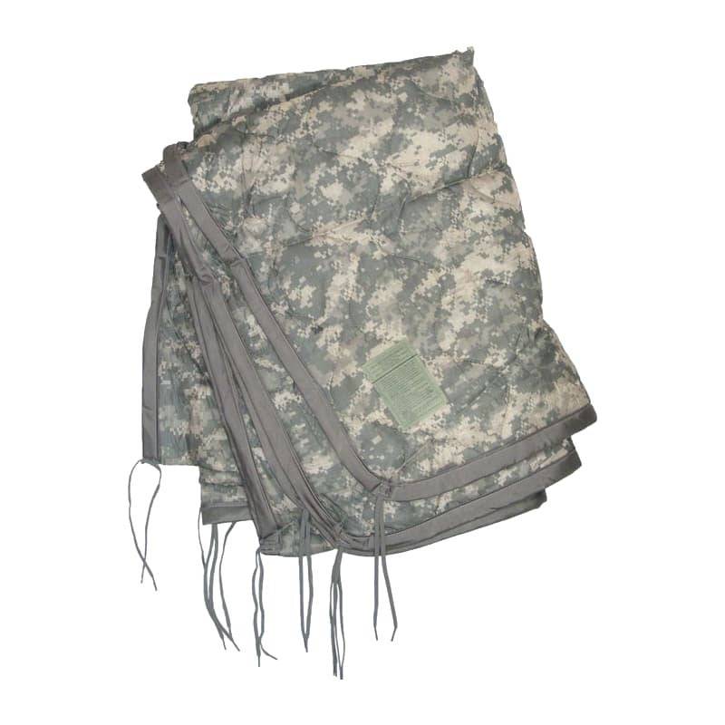 A folded ACU poncho with gray drawstring ties and a small green fabric label, shown on a plain white background.