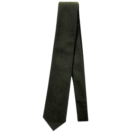 A dark olive green necktie with a subtle textured finish, displayed vertically against a plain white background.
