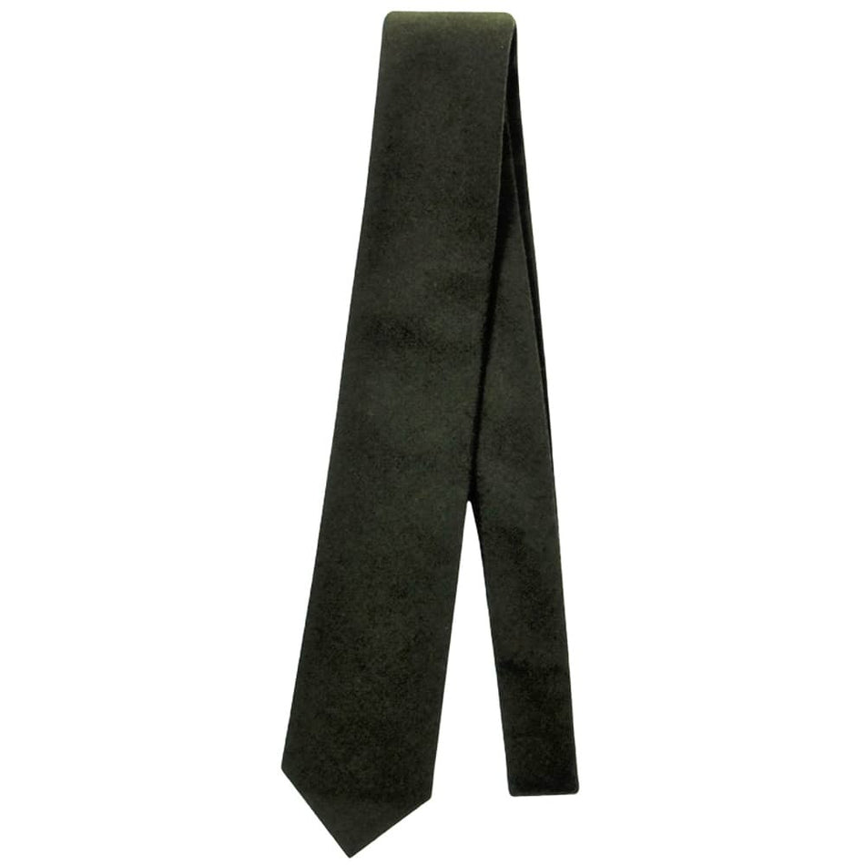 A dark olive green necktie with a subtle textured finish, displayed vertically against a plain white background.