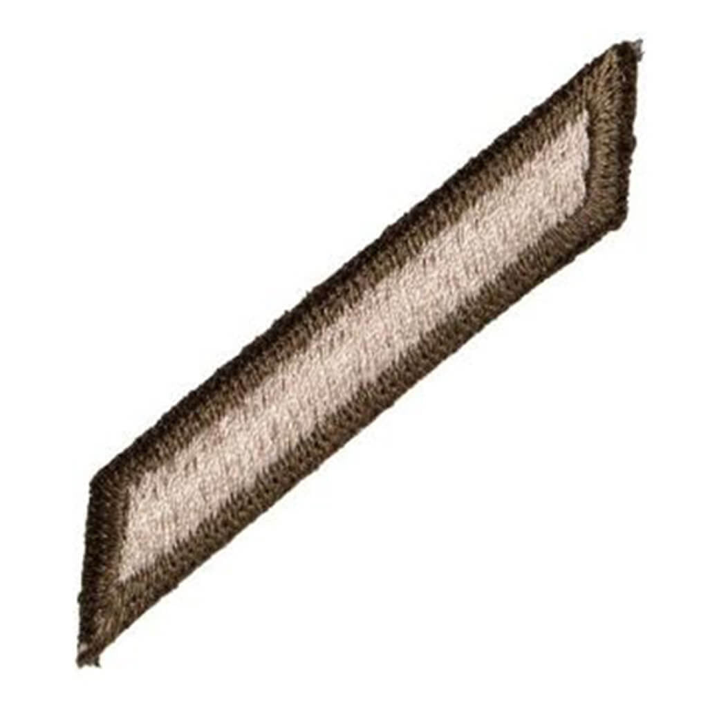 A rectangular embroidered patch with a diagonal orientation, featuring a dark brown border and a light beige center on a plain white background.