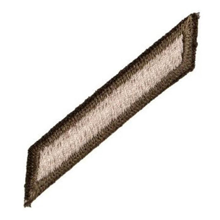 A rectangular embroidered patch with a diagonal orientation, featuring a dark brown border and a light beige center on a plain white background.