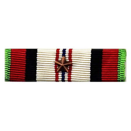 A military ribbon medal featuring red, black, white, and green stripes with a central bronze star, shown against a plain white background.
