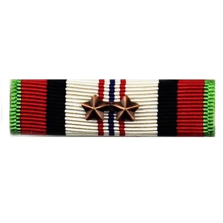 A military ribbon bar with two bronze star pins, featuring vertical stripes of green, red, white, black, and blue, with two bronze stars in the center.