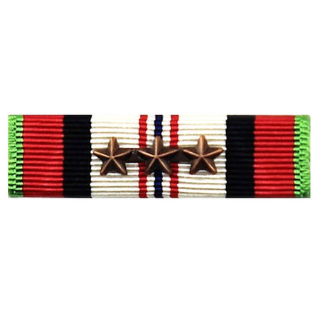 A military ribbon bar with three bronze stars in the center, flanked by red, black, white, blue, and green stripes on a plain white background.