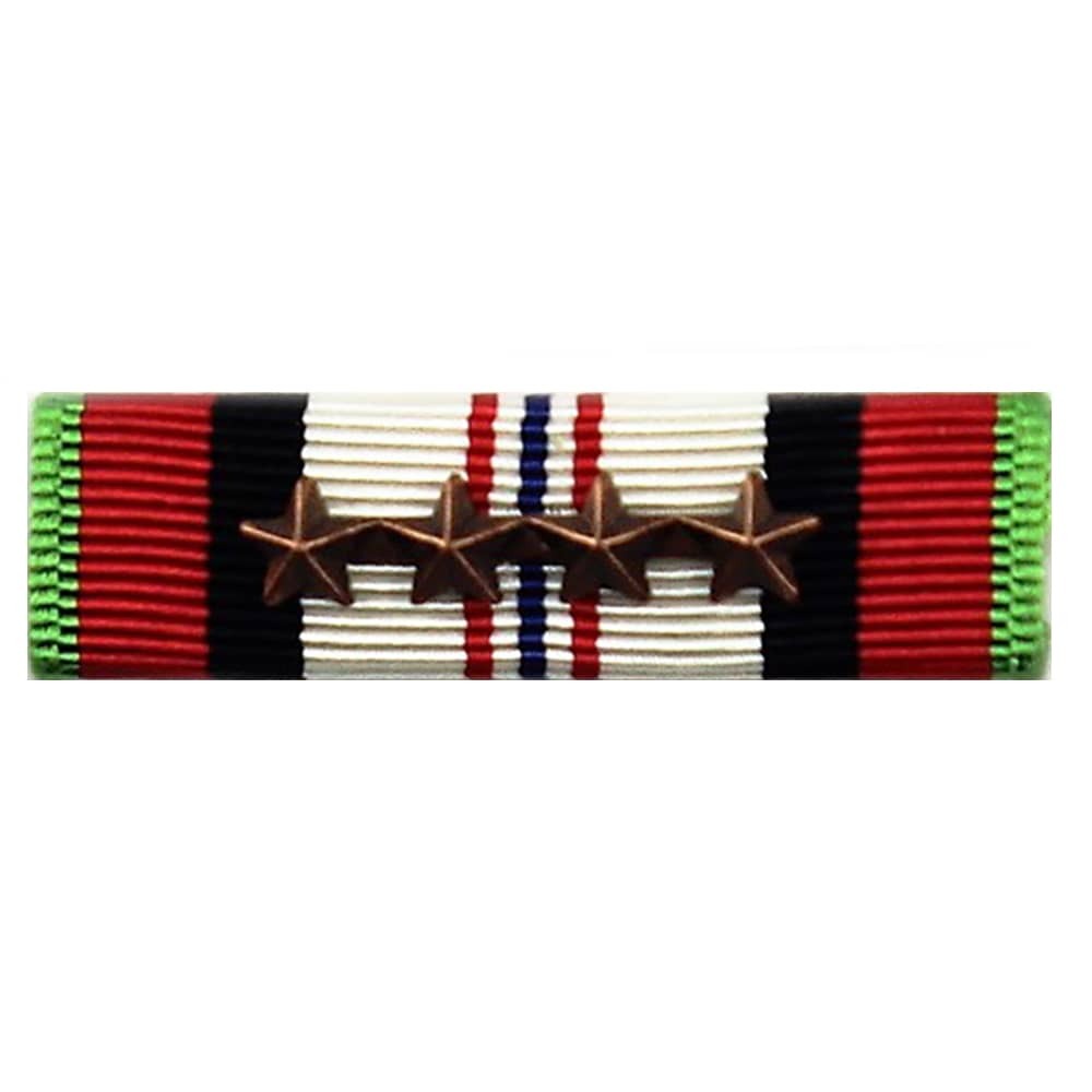 A military ribbon bar with four bronze stars across the center, featuring red, black, white, blue, and green stripes on a white background.