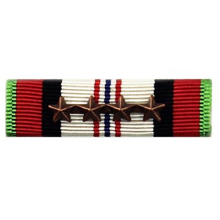 A military ribbon bar with four bronze stars across the center, featuring red, black, white, blue, and green stripes on a white background.