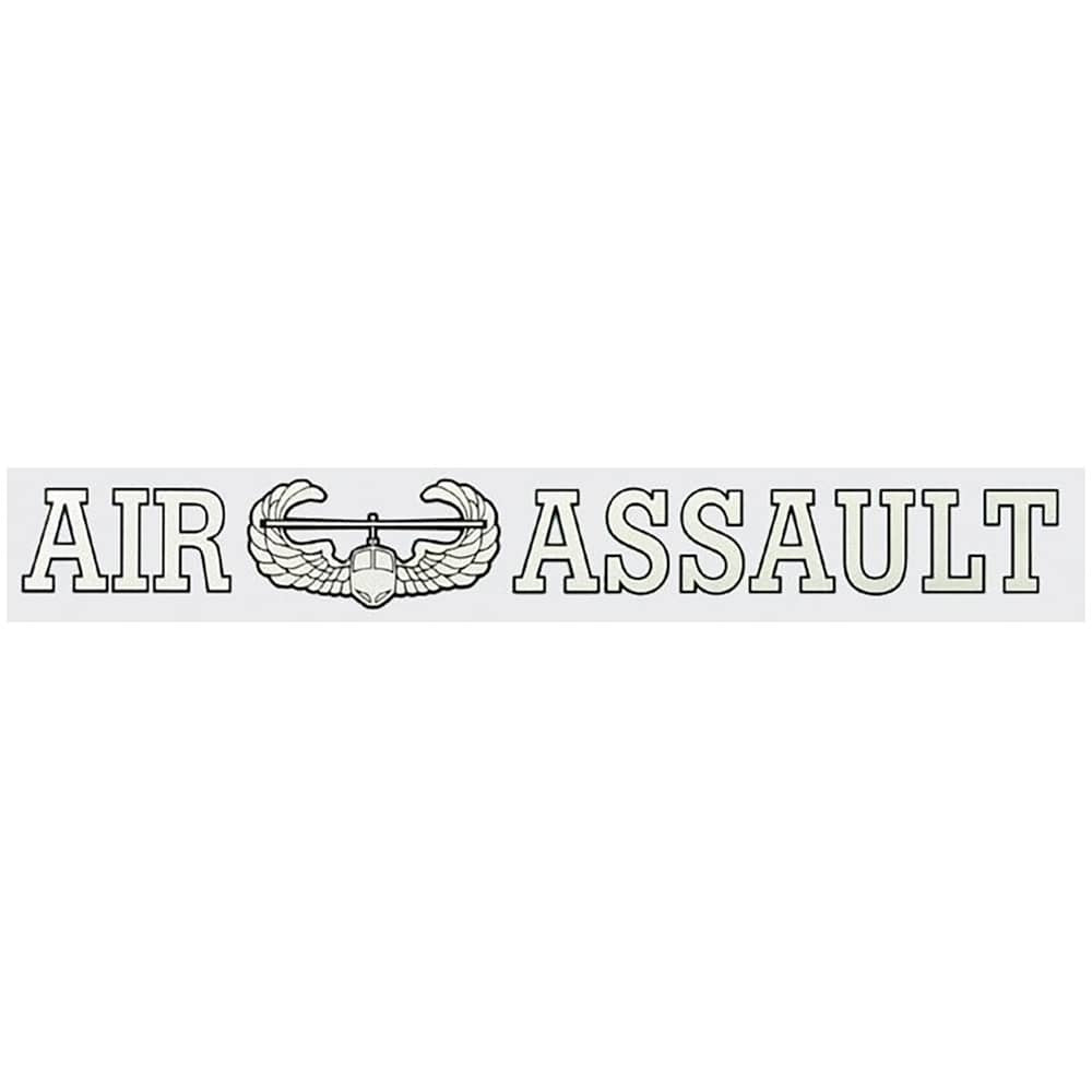 A rectangular decal or sticker with the words 'AIR ASSAULT' in outlined capital letters, with a central military-style insignia featuring wings and a helmet, shown on a light gray background.