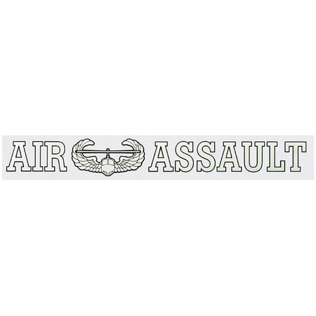 A rectangular decal or sticker with the words 'AIR ASSAULT' in outlined capital letters, with a central military-style insignia featuring wings and a helmet, shown on a light gray background.