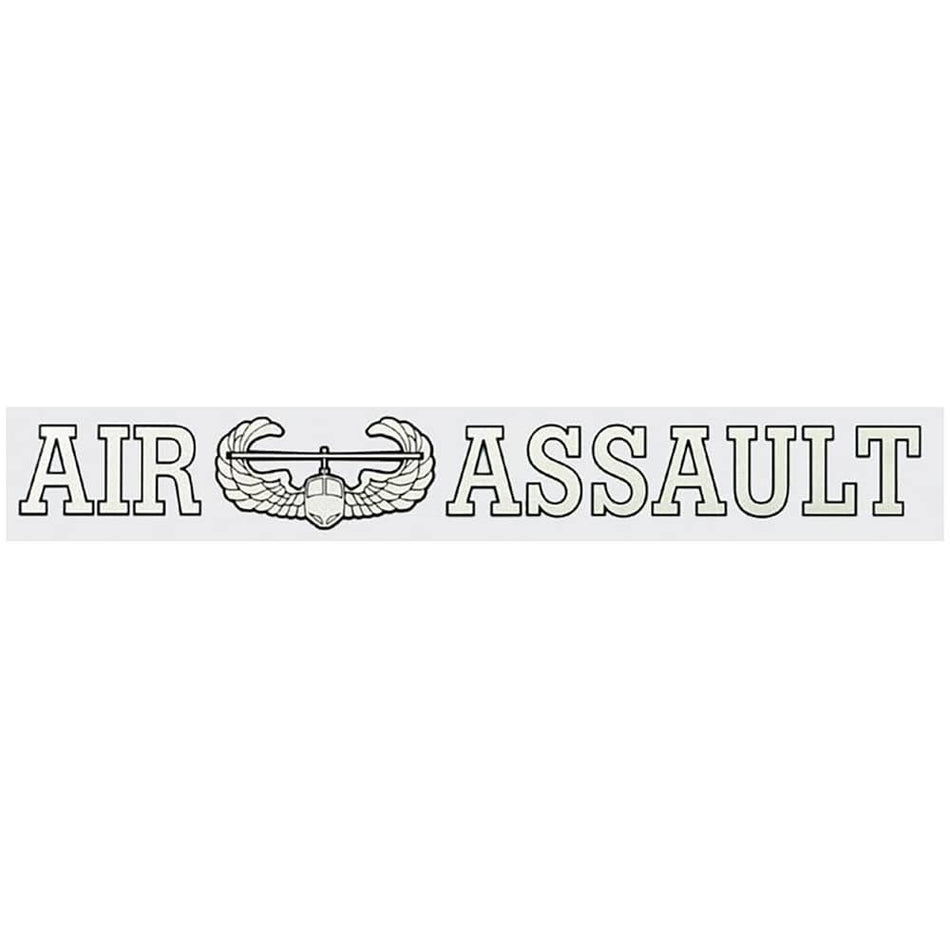 A rectangular decal or sticker with the words 'AIR ASSAULT' in outlined capital letters, with a central military-style insignia featuring wings and a helmet, shown on a light gray background.