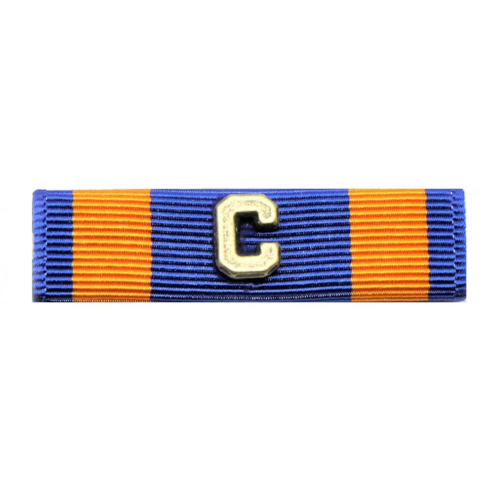 A horizontal ribbon bar featuring alternating blue and orange stripes with a raised gold letter 'C' in the center, shown on a plain white background.