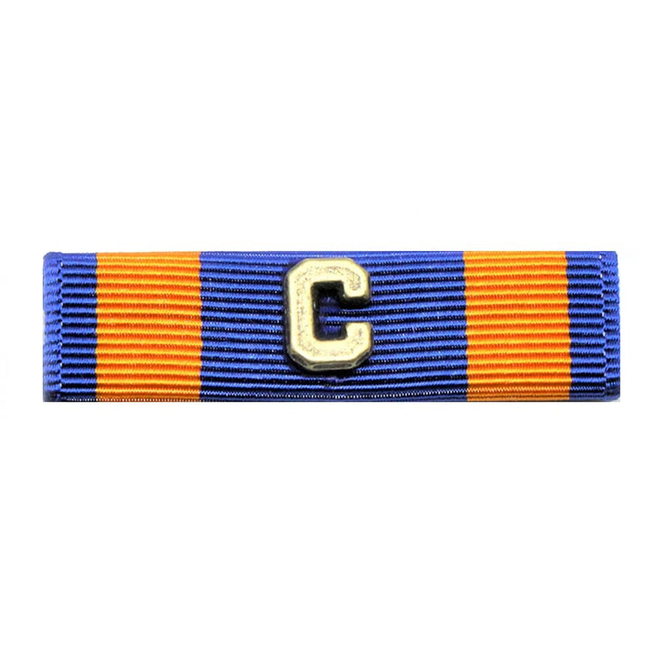 A horizontal ribbon bar featuring alternating blue and orange stripes with a raised gold letter 'C' in the center, shown on a plain white background.
