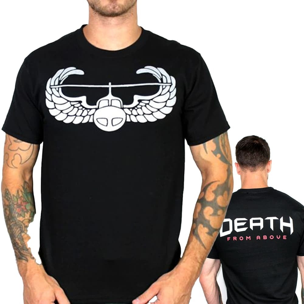 Black t-shirt with white graphic design on a person wearing it.