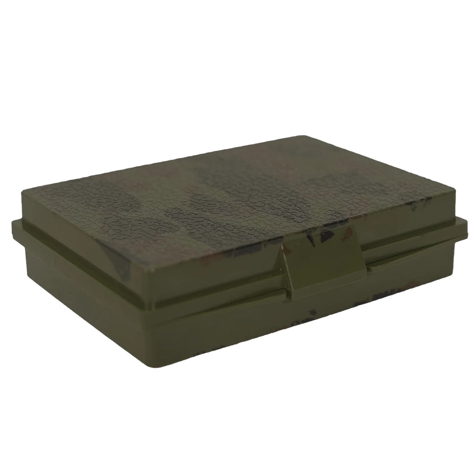 An olive green rectangular metal case with a textured lid and a front latch, shown on a plain white background.