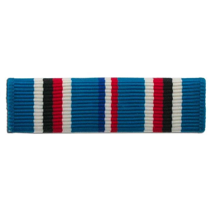 American Campaign Theater of Operations Ribbon with vertical stripes of blue, white, black, red, and blue, isolated on a white background.