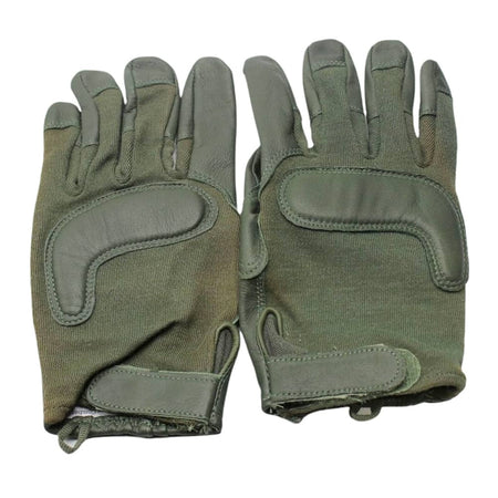 A pair of olive green tactical gloves with reinforced leather panels on the palms and backs, shown against a plain white background.