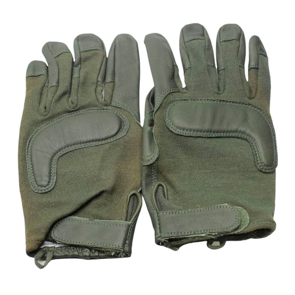 A pair of olive green tactical gloves with reinforced leather panels on the palms and backs, shown against a plain white background.