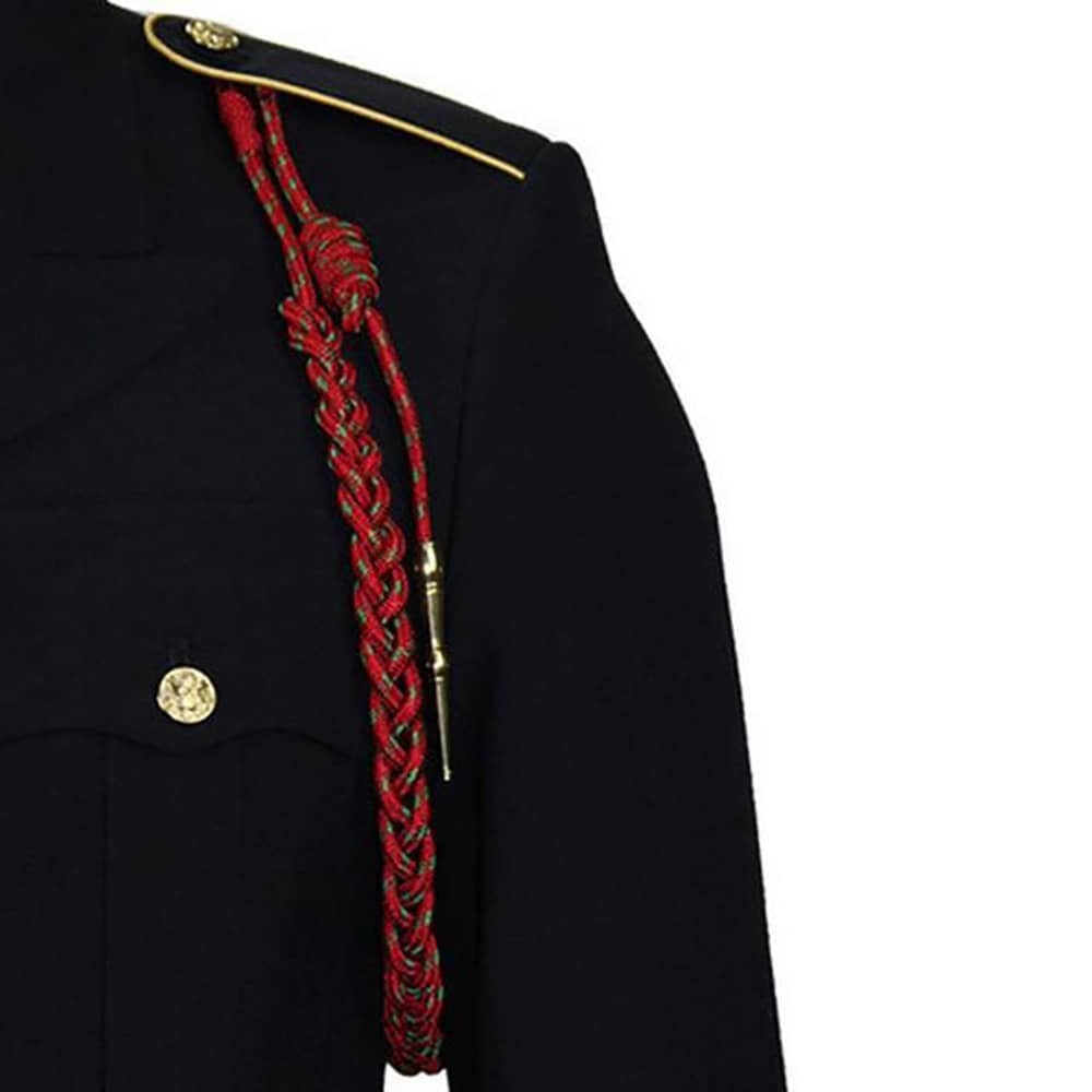 Black uniform jacket with a red braided sash and gold buttons on a white background