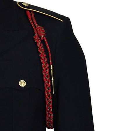 Black uniform jacket with a red braided sash and gold buttons on a white background