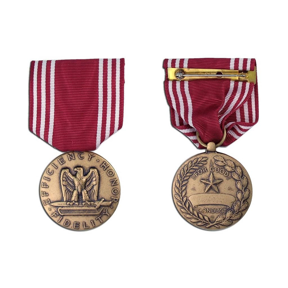 Front and back views of a US Navy SEAL Special Warfare Medal, featuring a bronze-toned circular medallion with an eagle and laurel wreath, suspended from a red and white striped ribbon with a gold-tone metal clasp.