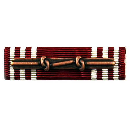 Army Good Conduct Medal Ribbon with a bronze-colored metal bar and three interlocking loops, mounted on a red and white striped fabric ribbon, shown against a plain white background.