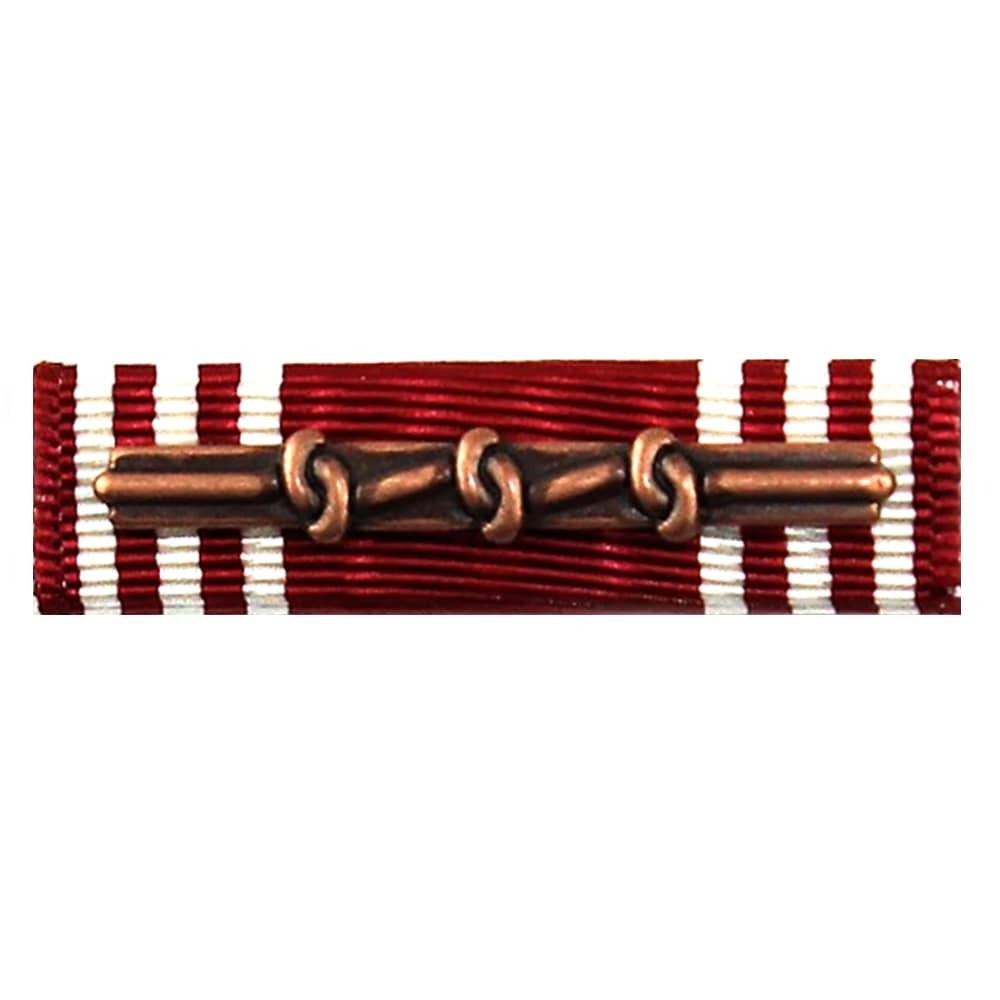 Army Good Conduct Medal Ribbon with alternating red and white stripes and a central bronze-colored metal bar with three interlocking loop details, shown on a plain white background.