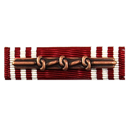 Army Good Conduct Medal Ribbon with alternating red and white stripes and a central bronze-colored metal bar with three interlocking loop details, shown on a plain white background.
