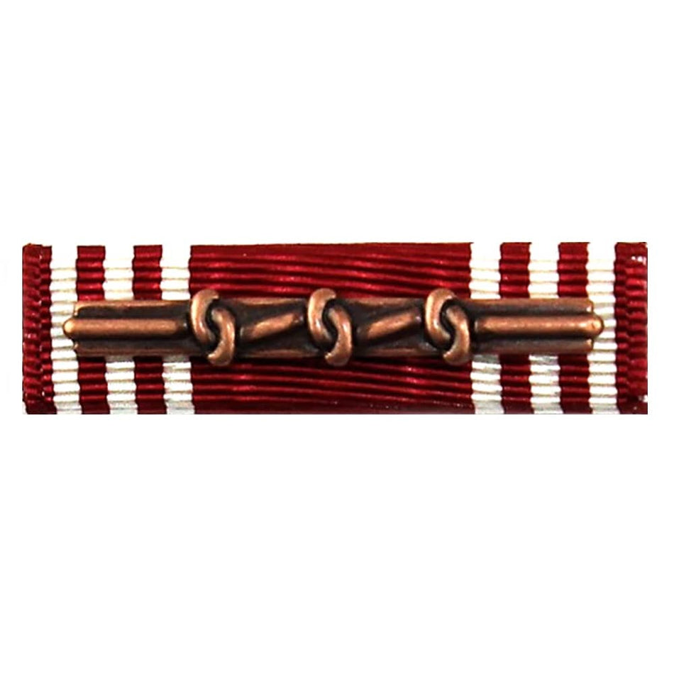 Army Good Conduct Medal Ribbon with alternating red and white stripes and a central bronze-colored metal bar with three interlocking loop details, shown on a plain white background.