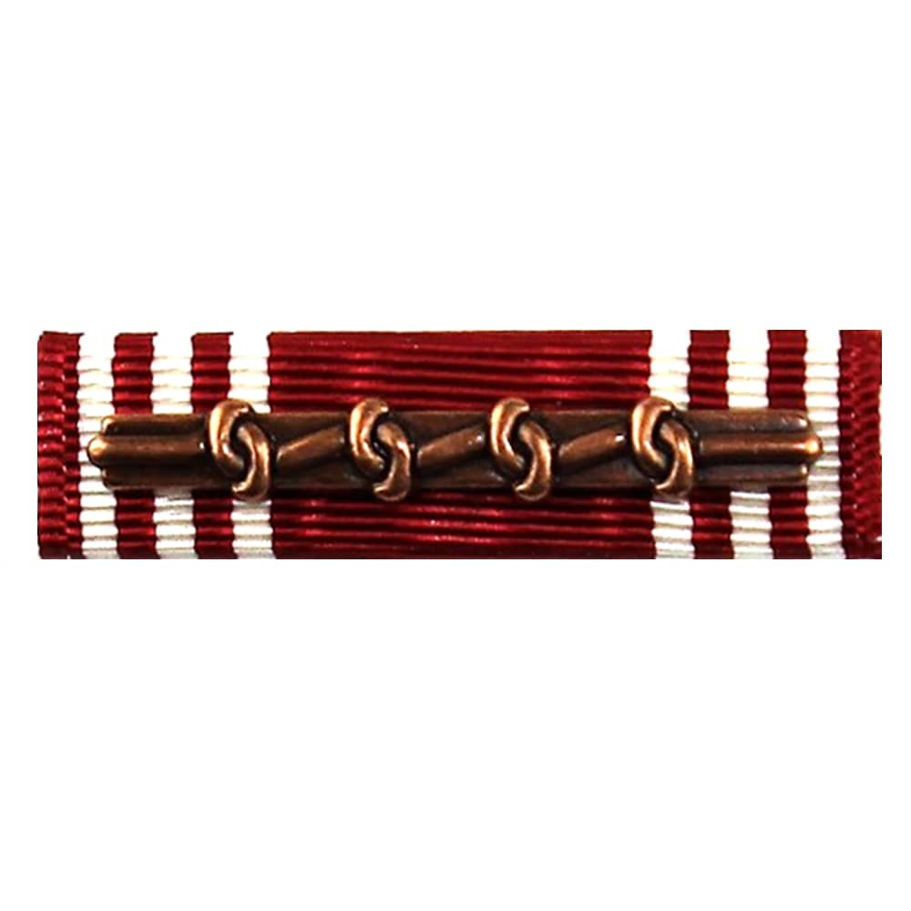 Army Good Conduct Medal Ribbon with a bronze-colored metal bar and five interlocking loop links across the center, set against a plain white background.