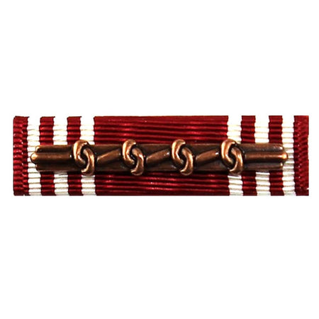 Army Good Conduct Medal Ribbon with a bronze-colored metal bar and five interlocking loop links across the center, set against a plain white background.