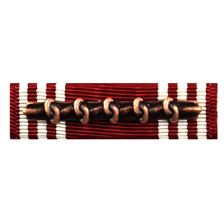 Army Good Conduct Medal Ribbon with alternating red and white stripes and a central dark metallic bar with five copper-colored loop details, shown on a plain white background.
