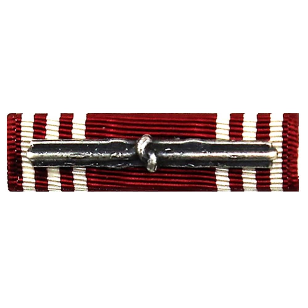 Army Good Conduct Medal Ribbon with a silver-colored metal bar pin with a looped center, mounted on a red and white striped ribbon, shown against a plain white background.