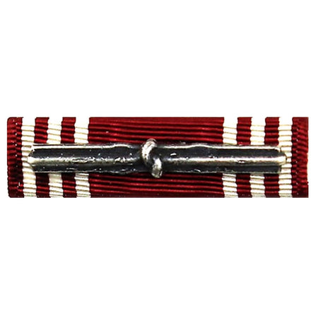 Army Good Conduct Medal Ribbon with a silver-colored metal bar pin with a looped center, mounted on a red and white striped ribbon, shown against a plain white background.