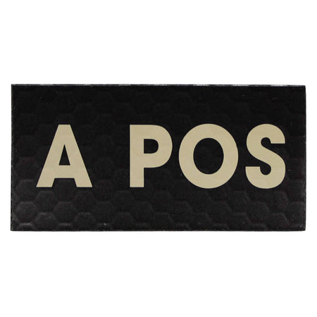 A rectangular black patch with a subtle hexagonal texture, featuring the text 'A POS' in large, light beige sans-serif letters against a plain white background.