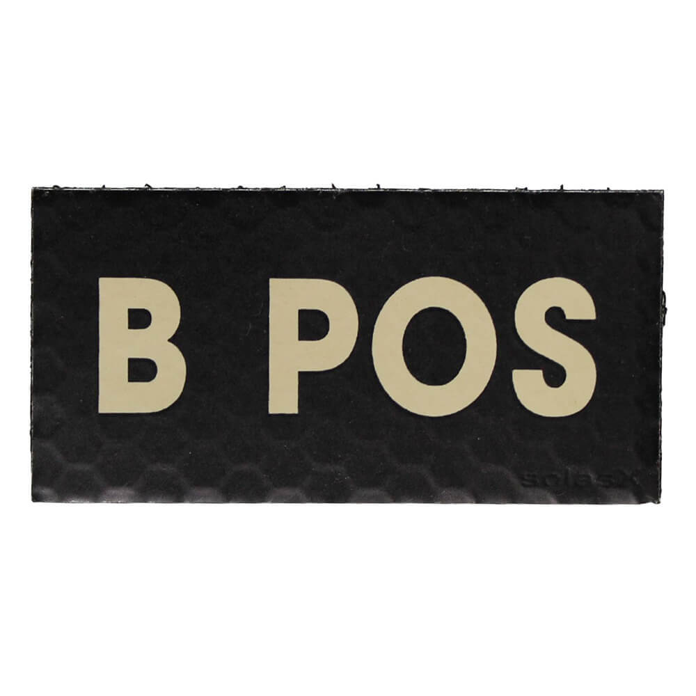 A rectangular black tactical patch with a subtle honeycomb texture, featuring the letters 'B POS' in a light tan/khaki sans-serif font, shown against a plain white background.