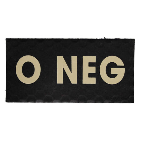 A rectangular black sign or patch with the letters 'O NEG' in large beige sans-serif font, shown against a plain white background.